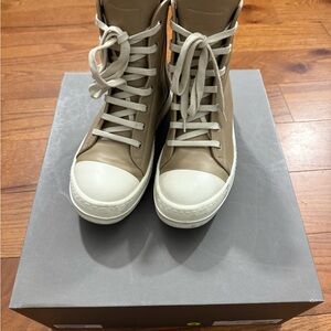 Rick Owen’s High-Top Sneakers with White and Tan Design